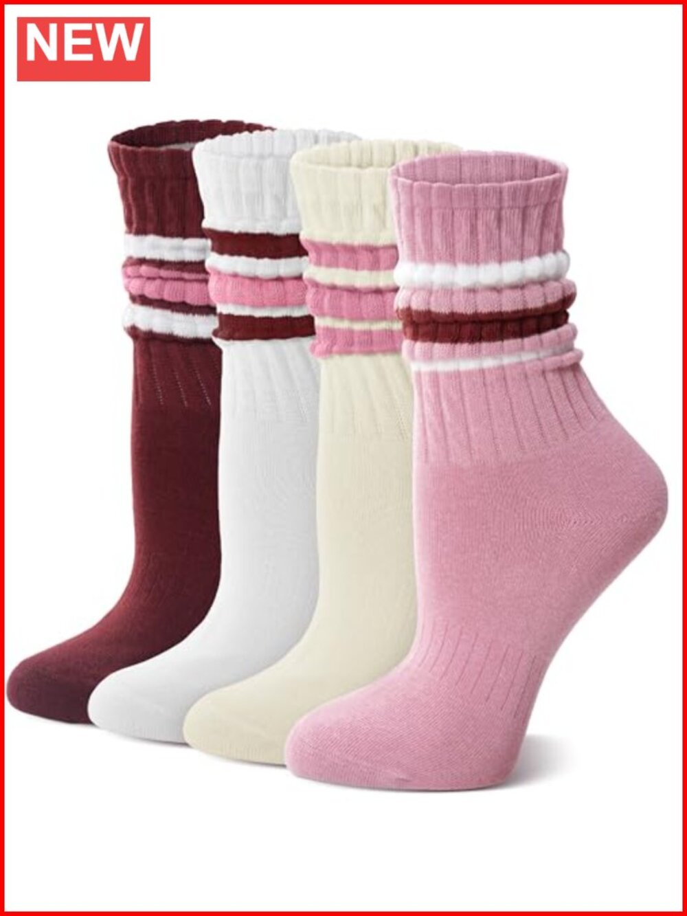 Slouch Cotton Crew Calf Socks Scrunch Thin Unisex 4-Pair Pack